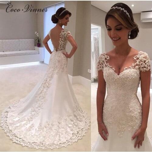 Vestido De Noiva White Backless Lace Mermaid Wedding Dresses V-Neck Short Sleeve Wedding Gown Bride Dress Robe de mariage