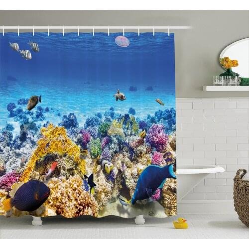 Ocean Decor Shower Curtain Underwater Sea World Scene with Goldfish Starfish Jellyfish Depth Diving Concept Bathroom Decor