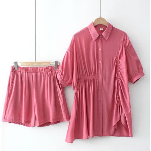 Plus Size Women Clothing Two Piece Set Lapels Short Sleeves Shirt Elastic Waistline Shorts Large Size Asymmetry Summer New Suit