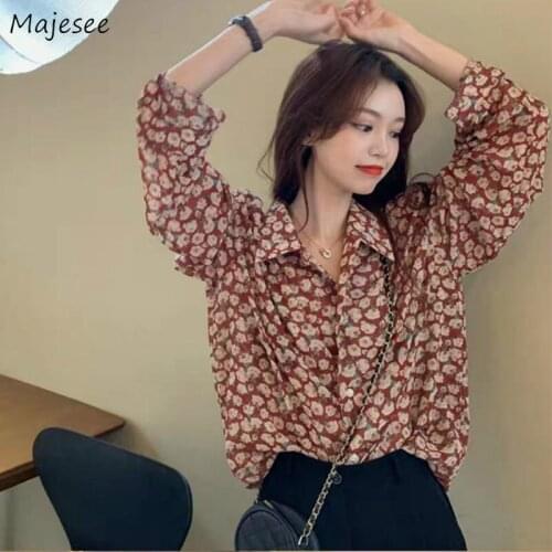 Shirts Women Floral Summer Full Sleeve Vintage Korean Style Loose Office Lady All-match Streetwear Soft Elegant Chiffon Females