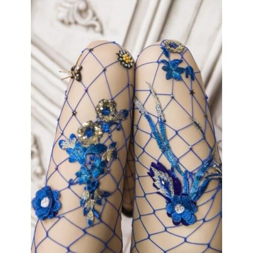 Sexy Hot Drill Women Pantyhose Embroidery Blue Flowers Large Mesh Small Mesh Stockings Fishnet Tights Fishnets Sexy Thigh