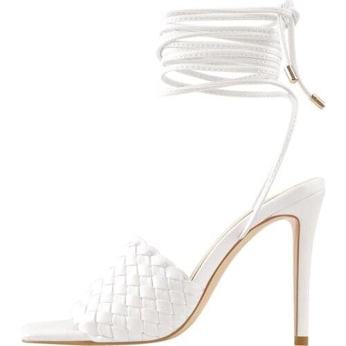 Richealnana Square Toe High Heel Women Woven Sandals Ankle Strappy Thin Heels Slippers Open Toe Fashion Shoes Matte Black White