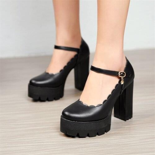 PXELENA Platform Gothic Punk Rock Shoes Women Ruffles Round Toe Block High Heels 11CM Party Dress Office Lady Pumps Plus Size 43