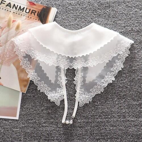 Summer Autumn Women White Fake Collars Girl Lace Floral False Collar Big Lapel Detachable Necklace Shawl Bowknot Cape Faux