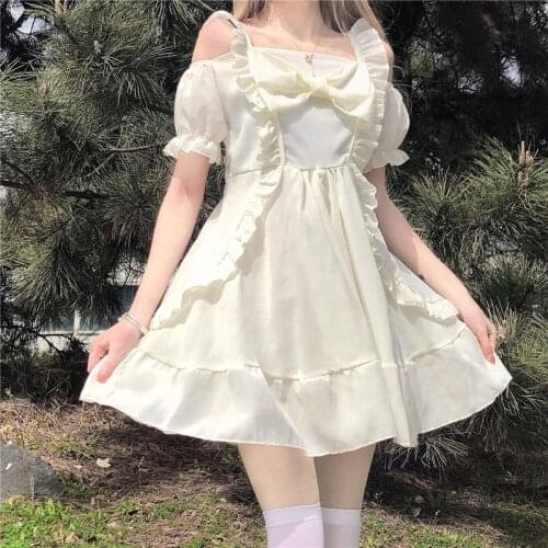 Kawaii Sweet Cute Bowknot Lolita Dress Women Summer Japanese Fashion Off Shoulder Ruffled Bowknot Waist Slim Sling Dresses 2021