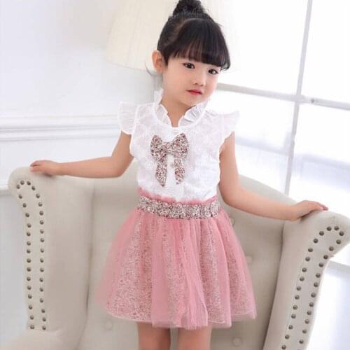 2020 Lace Floral Short Sleeve White T-Shirt Baby Girl Clothing Set Vlinder Summer Mesh Skirt Clothes For 2 3 4 5 6 7 8 Year