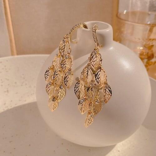 PERMIH Fashion Vintage Earrings Geometric Leaf Gold Metal Drop Earrings Shiny Tranparent Rhinestone Female Earrings 2021 Trend