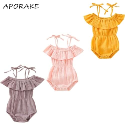 2021 0-24M Baby Girl Ruffle Romper Summer Sleeveless Off Shoulder Solid Color Spaghetti Strap Playsuit Cotton Linen Clothes