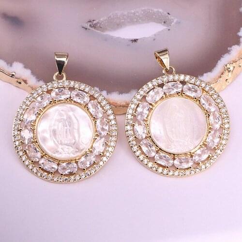 3Pcs Round Shape Jesus/Virgin Mary Shell Pendant Religious Fashion Jewelry