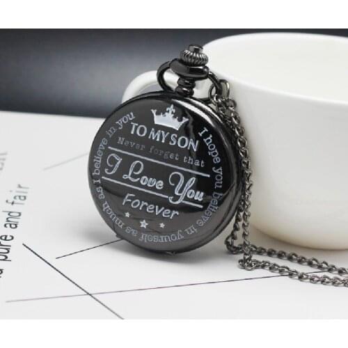 Pocket Watch TO MY SON I LOVE YOU Laser Engraved Quartz Flip Clock for Boys Childrens Fob Chain Clock Kids Gifts for Son Gift