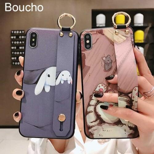 Boucho Phone Cases For iPhone XS Max X XR Rabbit Cat Mouse Case For iPhone 6 6S 7 8 Plus Soft Silicone Wrist Strap Cover