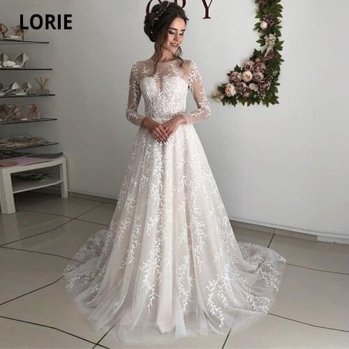 LORIE 2020 Spring Long Sleeve Lace Champagne Wedding Dresses A Line Bohemia Beach Bridal Dress Illusion Wedding Gowns Plus Size
