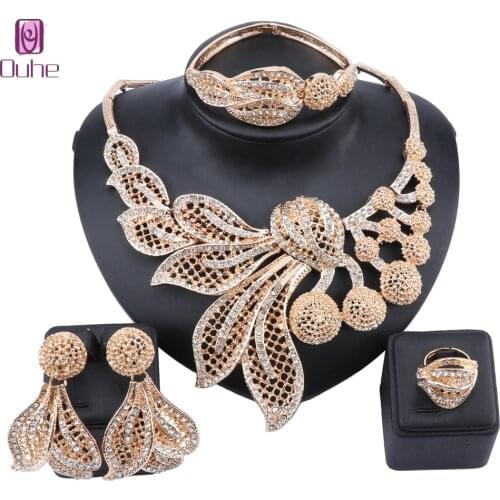 Fashion African Dubai Gold Jewelry Nigerian Crystal Necklace Bangle Ring Earrings Women Italian Bridal Accessories Jewelry Set