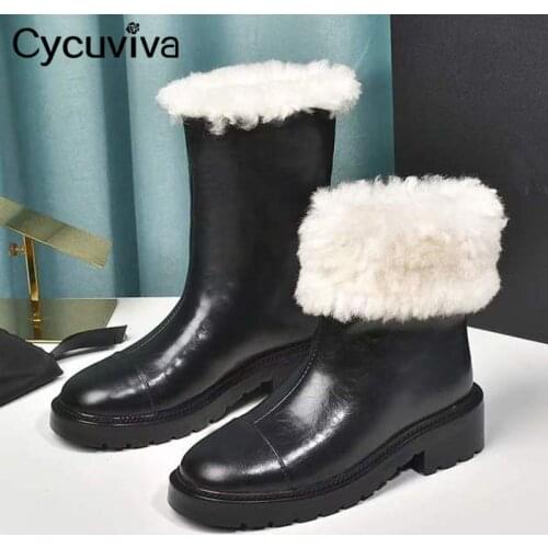New Winer Wool Snow Boots Women Black Learher Brand Ankle Boots Square Heel Warm Shoes Women Designer Fur Knight Boots For Women