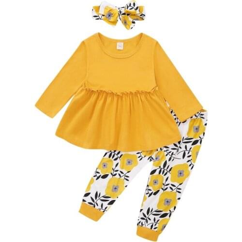 Autumn Baby Girl Casual Costume Long Sleeve Solid Blouse Dress+Floral Print Pants+Headband Autumn Set