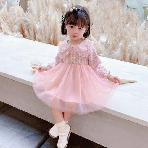 LISUNNY Spring Girls Princess Dress Children Dress Sweet Double Collar Long Sleeve Lace Classic Plaid Dress Kids Clothes