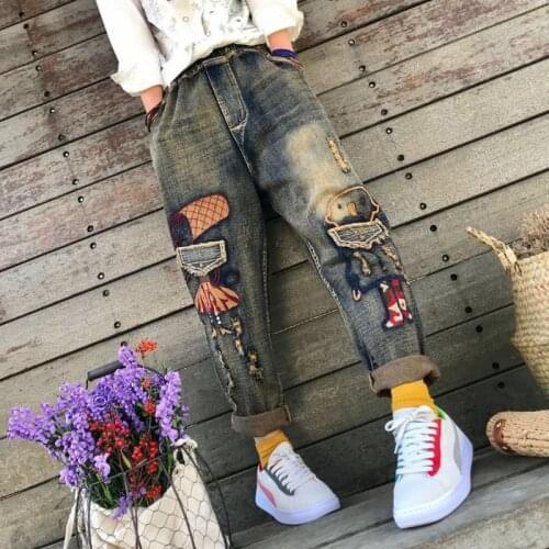 QPFJQD 2021 Spring Original Vintage Cartoon Robot Girl Embroidery Denim Jeans Full Length Trousers Loose Harlan Pants