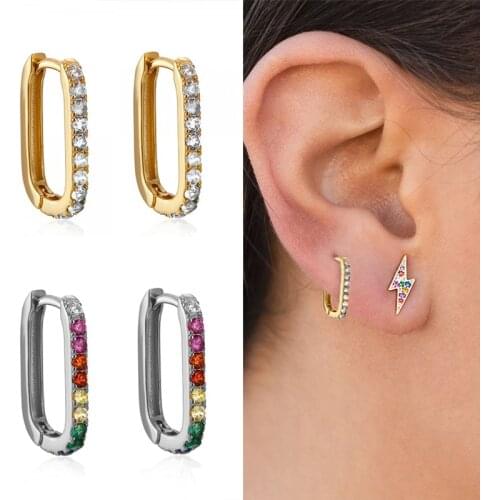 High-Quality 925 Sterling Silver Rectangle White/Rainbow Zirconia Huggie Hoop Earrings for Women Simple Geometric Hoop Earrings