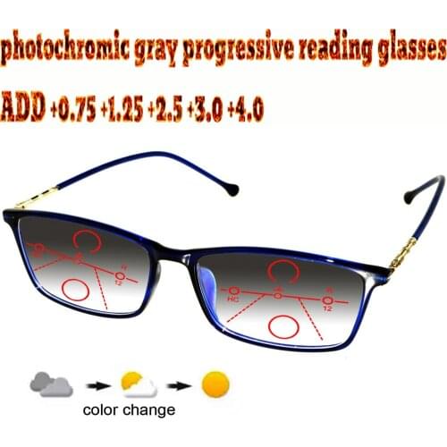 Photochromic Gray Progressive Multifocal Reading Glasses Men Woem Ultralight Metal Frame+1.0 +1.5 +1.75 +2.0 +2.5 +3 +3.5 +4
