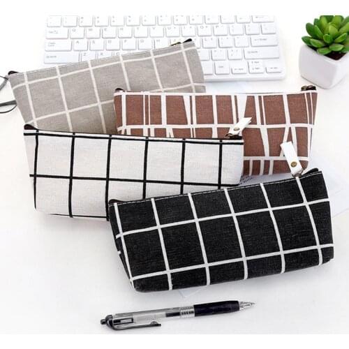 Unisex Grid Canvas School Pen Bag Office Supply Students Stationery Pencil Case
