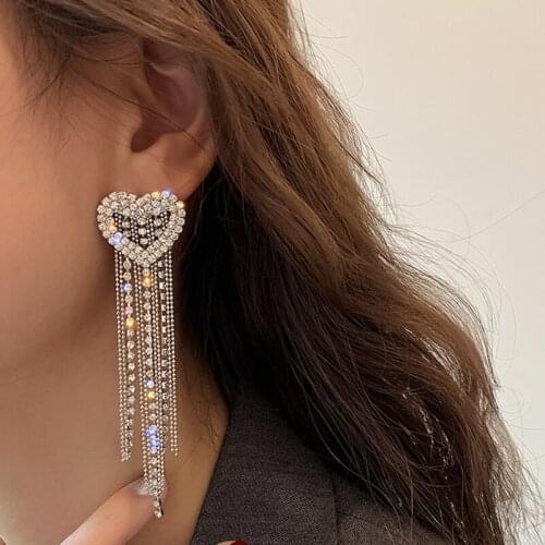 Heart Crystal Drop Crystal Drop Earrings for Women Bijoux Long Tassel Rhinestone Dangle Earrings Party Jewelry Accessories