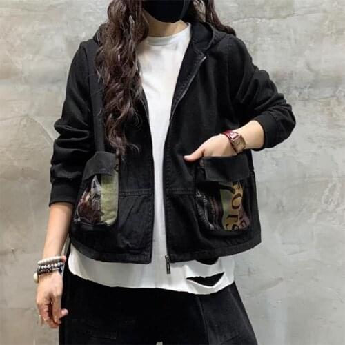 2021 New Spring Autumn Women Casual Loose Hooded Collar Big Pocket Patchwork Coat Cotton Denim Long Sleeve Zipper Jackets V461