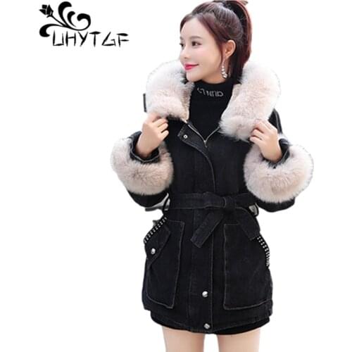 UHYTGF Autumn Winter Denim Jacket Women Hooded Plus Velvet Thick Casual Large Size Outerwear Quality Lambswool Jeans Coat 1147