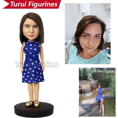Women in blue dress figurines valentines day gift for her birthday cake topper custom bobblehead action figure figurines