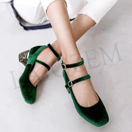 LAIGZEM GRACE Women Heels Mary Jane Sequined Chunky Heel Pumps PARTY Faux Velvet Shoes Woman Zapatos Mujer Big Small Size 33-46