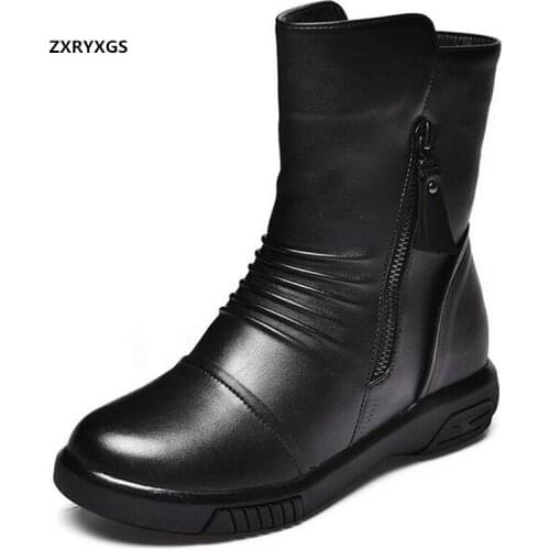 2019 New Winter Wool Lining Genuine Leather Shoes Woman Snow Boots Flat Non-slip Riding Boots Fashion Casual Shoes Women Boots