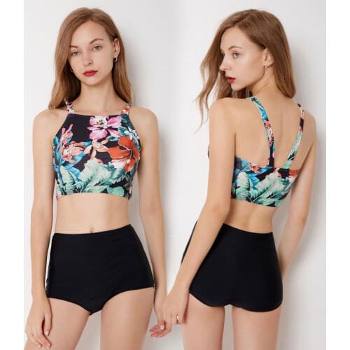 Two Piece Swimsuit for Women Padded Crop Floral Printed Top and High Waisted Solid Black Boyshorts Bottom Bathing Suits