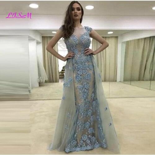 Muslim Mermaid Evening Dresses with Detachable Train Elegant Cap-Sleeve Beaded 3D Flower Long Wedding Party Dress Robe De Soiree