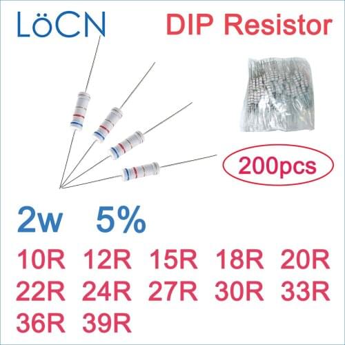 200pcs 5% 2W Carbon Film Resistor DIP 10R 12R 15R 18R 20R 22R 24R 27R 30R 33R 36R 39R OHM Color ring