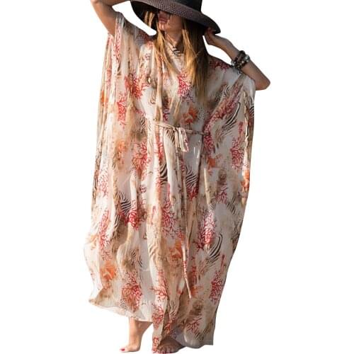 2021 Womens Summer Beaches Swimsuit Cover Ups Long Sleeve Coral Print Loose Caftan Flowy Kimono with Belt
