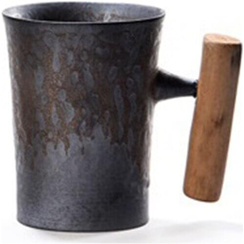 300Ml Creative Handmade Ceramic Coffee Mug with Spoon Rust Glaze with Wooden Handle Water Cup for Home/Office