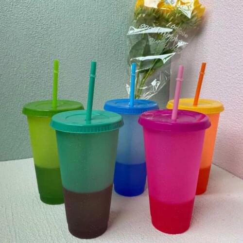 700ml / 24oz Plastic Straw Cup single layer temperature sensitive flash powder cup Creative plastic color changing cup