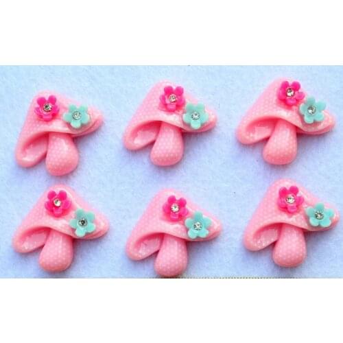 80pcs big pink adorable Large polka dots Mushroom w/ flower rhinestone Cabochon Cabs 36mm Resin