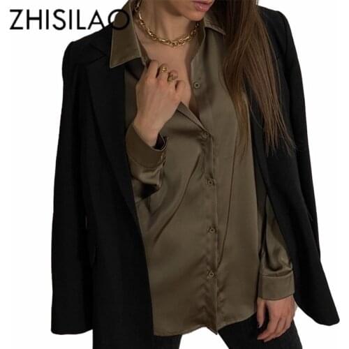 ZHISILAO Satin Blouse Women Plus Size Office Lady Formal Vintage Elegant Shirt Mujer Solid Long Sleeve Blousa Spring 2021 Tops