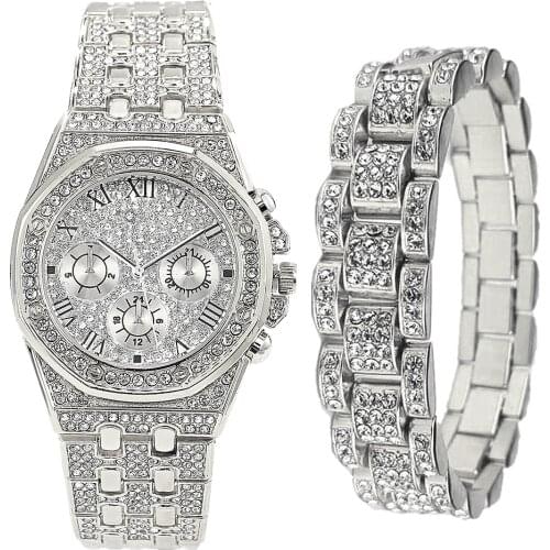 New Fashion Watch for Men Luxury Iced Out Watch + Bracelet Cuban Link Chain Big Gold Chain Bangle Mens Watch Set Hip Hop Jewelry