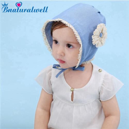 Bnaturalwell Baby bonnet Infant girls blue hat with flower Sunbonnet Baby Spring Christening hat Handmade Toddler Sun Hat H056