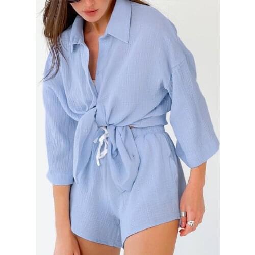 Cotton Casual Loose 2 Piece Sets Women Turn-Down Collar Shirts And High Waist Shorts Suits Fashion Loung Wear Beach Outfits