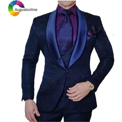 Custom Made Navy Blue Pattern Men Suits Wedding Shawl Lapel Groom Tuxedo 3 Piece Slim Fit Best Man Blazer Jacket+Pants+Vest Prom