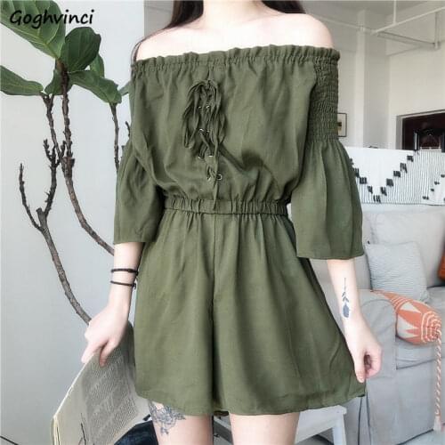 Women Rompers Design Solid Bandage High Waist Fresh Off-shoulder Sexy Korean Style Wide Leg Elastic-waist Flare Sleeve Playsuits