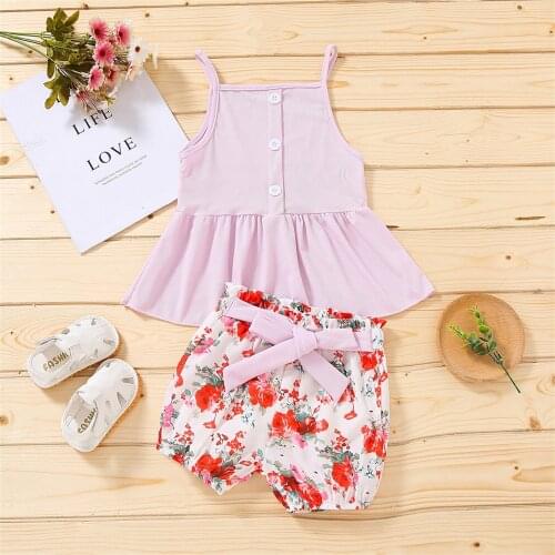 Summer Newborn Baby Girl Clothes Purple Sleeveless Solid Suspender Tops+floral Shorts Outfits Casual Infant Clothing Sets