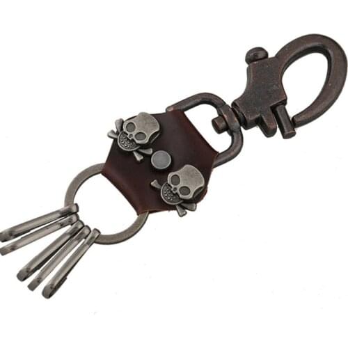 Metal Skull Genuine Leather Keychain HipHop Rock Skeleton Charm Alloy Buckle Pant Car Keys Chain Keyring Gothic Punk Accessories