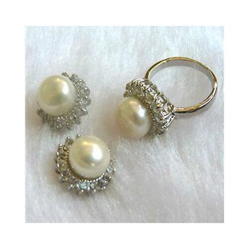 Fashion Noblest Natural White Akoya Cultured Pearl Ring + Earrings Set >>new - watch wholesale Quartz stone CZ crystal