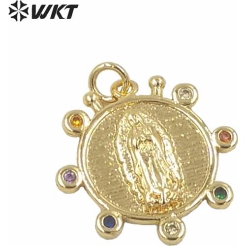 MP148 WKT round pendant metal holy mary jewelry pendant colorful CZ full gold plated mother of god religious brass pendant