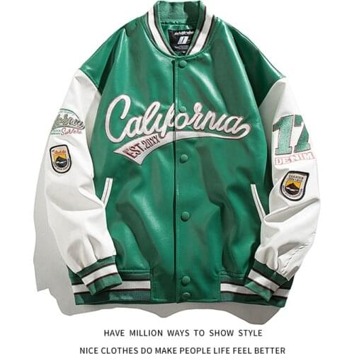 2021 New Autumn PU Leather Patchwork Embroid Mens Baseball Jacket Unisex Womens Bomber Varisty Jacket Couple Street Motorcycle