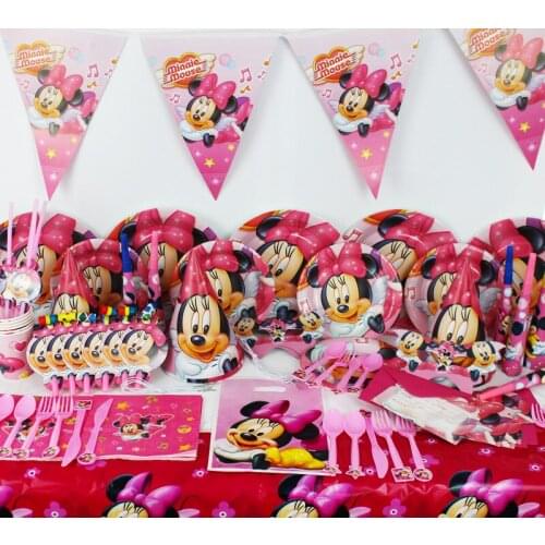 Disney Minnie Mouse Girls Kids Party Decorations Disposable Tableware Set Cups Napkins Plate Straws Baby Birthday Party Supplies