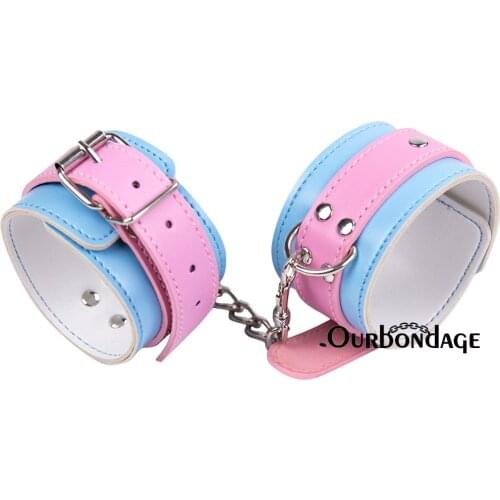 Ourbondage Pink Strap Blue PU Leather BDSM Fetish Bondage Hook Chain Wrist Ankle Cuffs Restraints For Adult Sex Toy